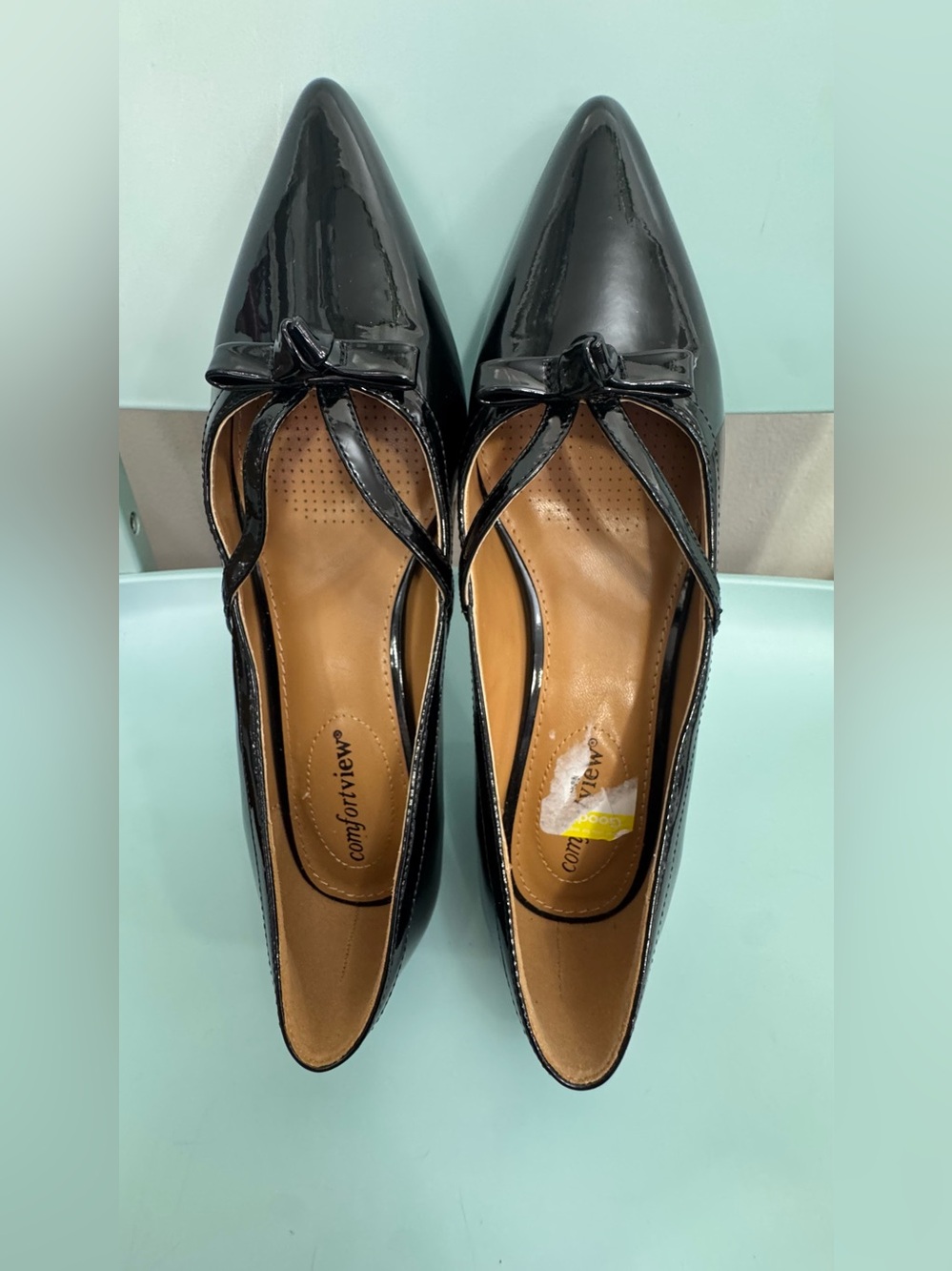 comfortview Black Patent Pointed Toe Flats with Bow Accent